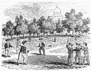 In the 1700s game "Rounders" a successful batter would run around a pentagonal set of five bases, scoring a point for each base safely reached.