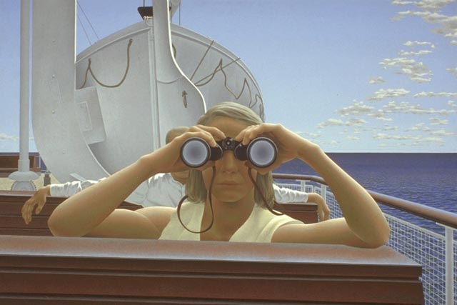 "To Prince Edward Island" by Alex Colville featured his wife behind the binoculars. "To Prince Edward Island" by Alex Colville.  (1965, acrylic emulsion on masonite, 61.9 x 92.5 cm, National Gallery of Canada, © A.C.Fine Art Inc. Photo © NGC) image source: Wikipedia