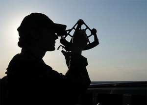U.S. Navy Ensign Kelly Quirk using a stadimeter sextant. Photo: US Dept. of Defense, Creative Commons, some rights reserved