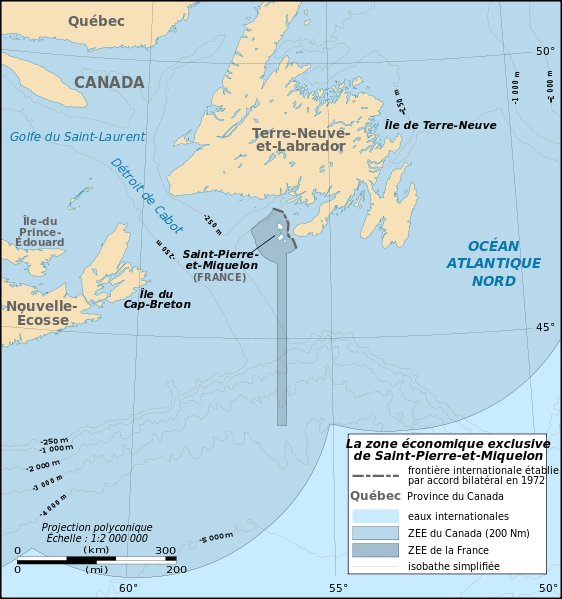 Line map of the islands in relationship to Newfoundland. Via Wikipedia