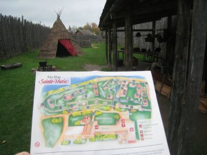 Reconstructed buildings and a site map of Sainte-Marie Among the Hurons, depciting a mission in the 1640's. (photo: Lucy Martin)