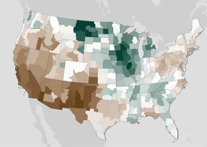 Where it was dryer and wetter than average in 2013. Browner=dryer, greener=wetter. White is average. Map: Climate.gov
