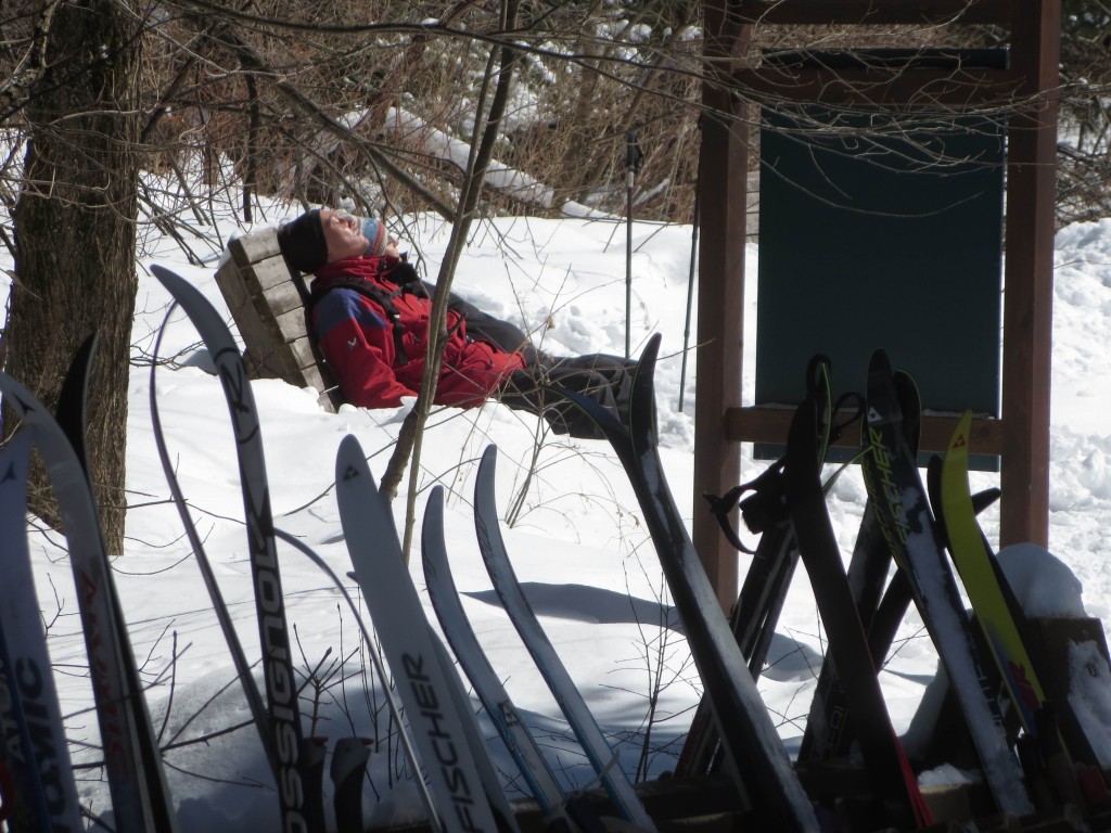 Skiiers take to a bench to soak up late-March sun near Herridge Cabin. Photo: Lucy Martin
