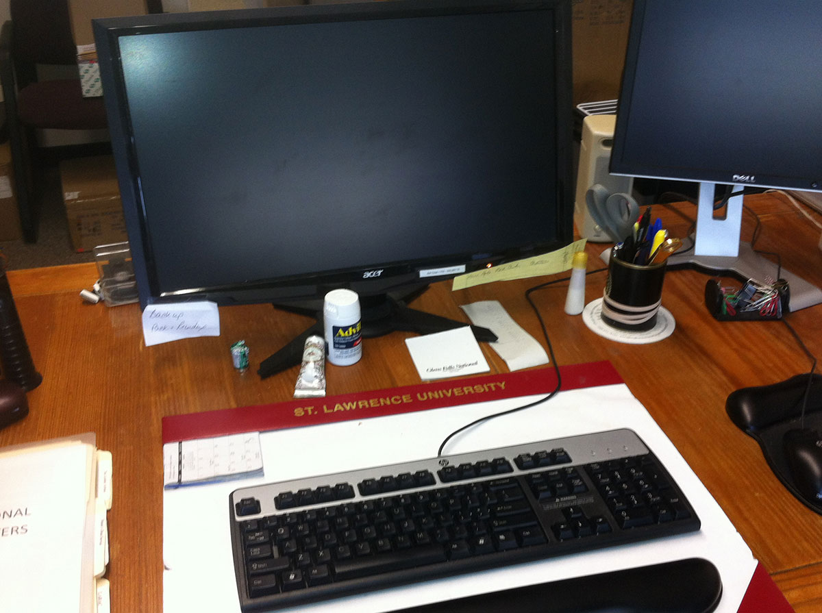 Sandy's desk: clearly socially responsible. Photo: Ellen Rocco