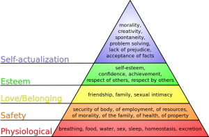 An interpretation of Maslow's hierarchy of needs, represented as a pyramid with the more basic needs at the bottom. (Source: J. Finkelstein for Wikipedia) 