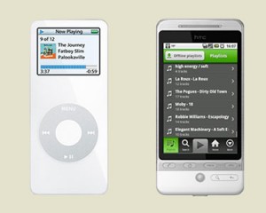 iPod Nano, first generation (left), and Spotify app on a smart phone. Where's my music?