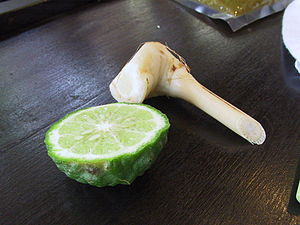 Citrus hystrix Kabuyao (Cabuyao) fruit (left), used in Southeast Asian cooking, with galangal root. (Image by Fuzheado Creative Commons, Wikipedia)