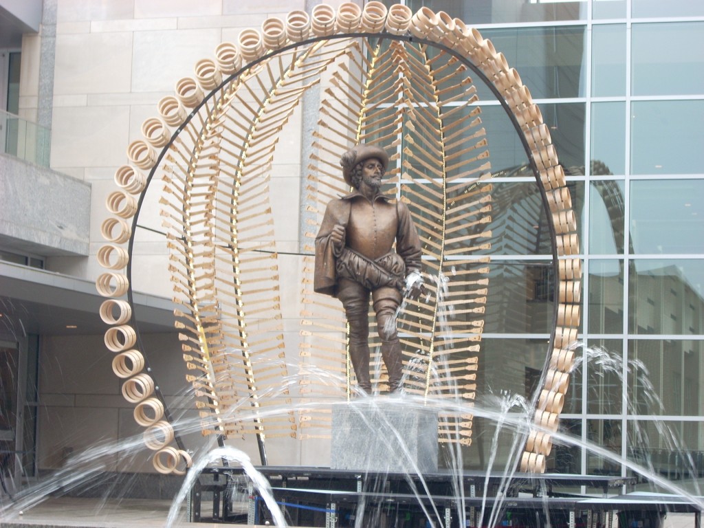 This is Sir Walter Raleigh - for whom the city is named.  His statue normally is unadorned (except for last year, when he had a huge banjo strapped over his shoulder).  This year, Sir Walter is decorated with an 'installation' of banjo parts - donated by the Deering Banjo Company - and designed by Bland Hoke.