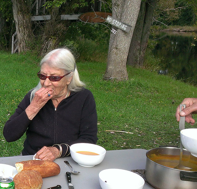 Isis chowing down on Jochen's squash soup, and Ellen's bread. Photo: Mary McCallion