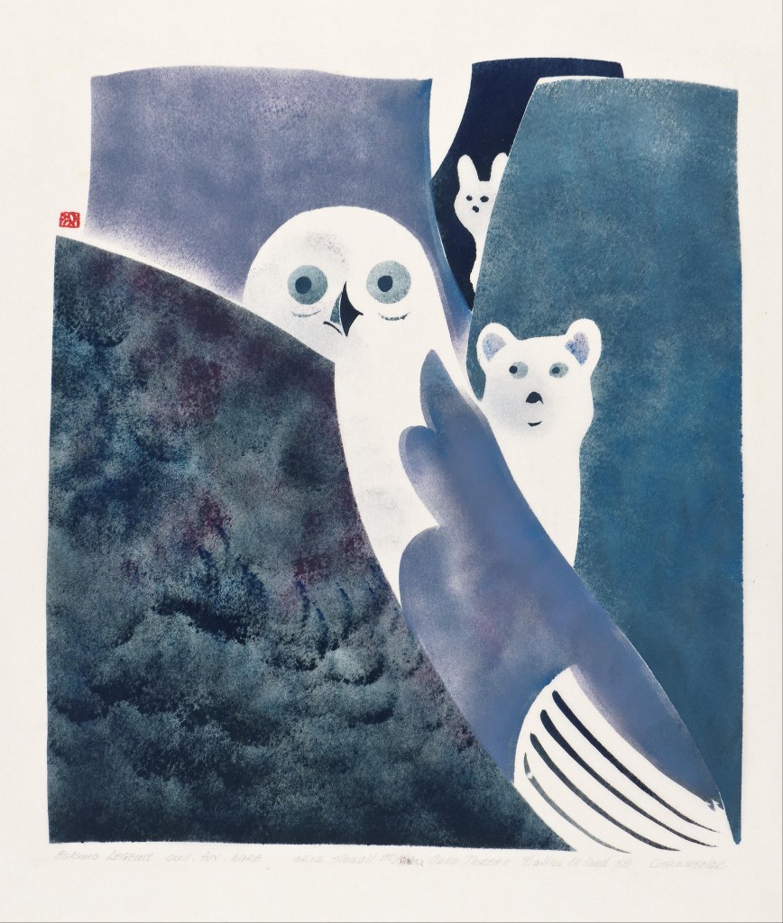 Owl, Fox and Hare Legend, 1959 Osuitok Ipeelee Printed by the artist, with James Houston Stencil Photo: Marie-Louise Deruaz
