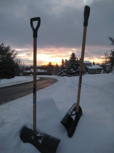Sun going down on shovels at rest. Photo: Lucy Martin