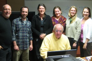 Legendary voice coach, the late David Candow (seated) at NCPR in 2010. Standing, left to right: ,Ric Cengari (Vermont Public Radio), Chris Knight, Lucy Martin, Sarah Harris, Angela Evancie, Melody Bodette (VPR).