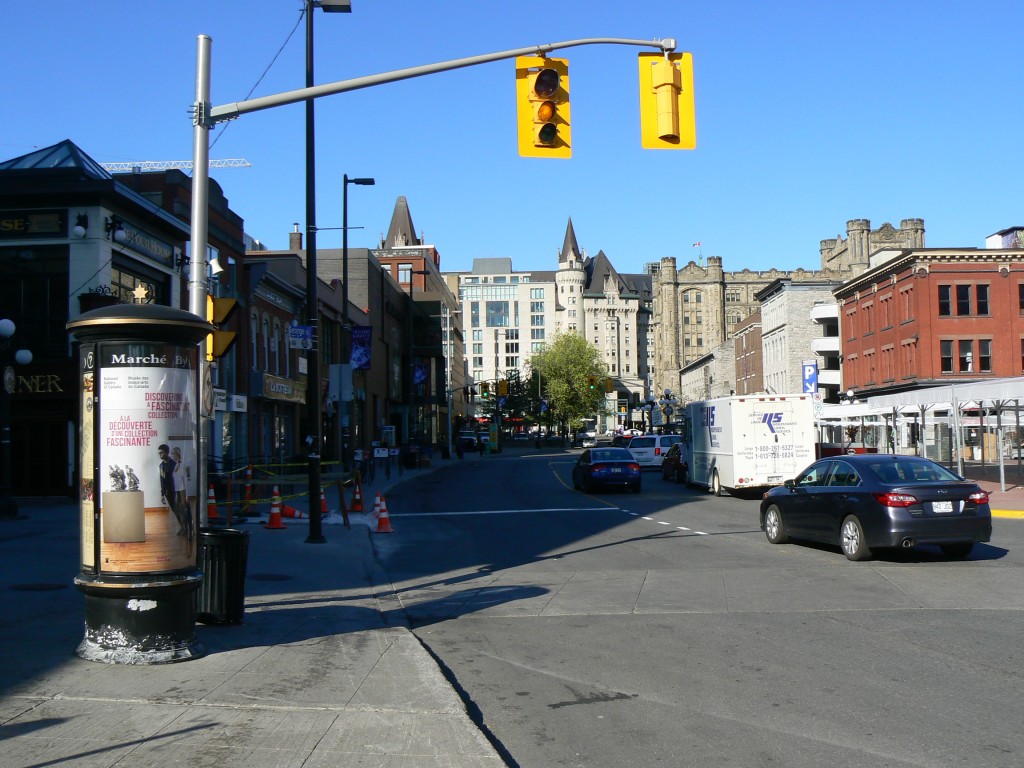 George Street in the ByWard Market looking west towards the Chateau Laurier hotel and Parliament Hill.  Photo by James Morgan