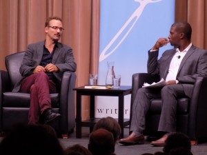 After reading from Barbarian Lost, Trudeau had a conversation with Adrian Harewood, anchor of the 6 o'clock news on CBC-TV in Ottawa.  Photo by James Morgan