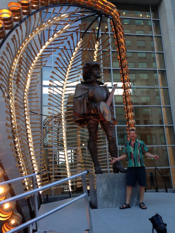 Bland Hoke (R) with Sir Walter Raleigh.  Hoke is the designer of the IBMA World of Bluegrass art installation.