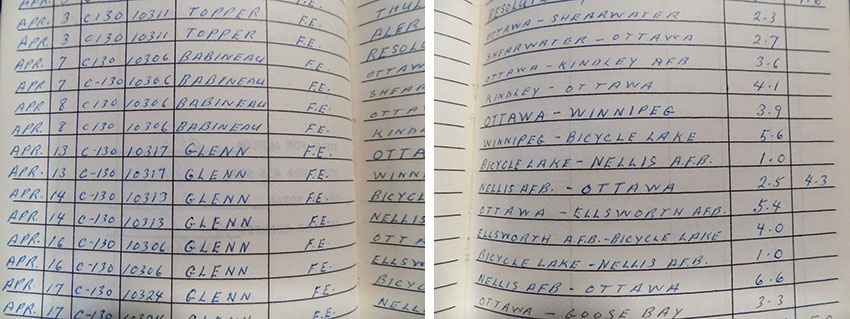 Sergeant R.C. Chislett's log book from April, 1970. 436 Squadron was then located in Ottawa. The entries for April 13 and 14 show he was aboard 313, the C-130 Hercules now on display at the National Air Force Museum of Canada. Those 1970 trips included stops in Winnipeg, Manitoba, and the remote village of Bicycle Lake in the northern part of the province. Other destinations included Nellis Air Force Base in Nevada and Ellsworth AFB in South Dakota. Papa's other international trips included extensive excursions to Europe, Africa, and Asia. Photos by James Morgan