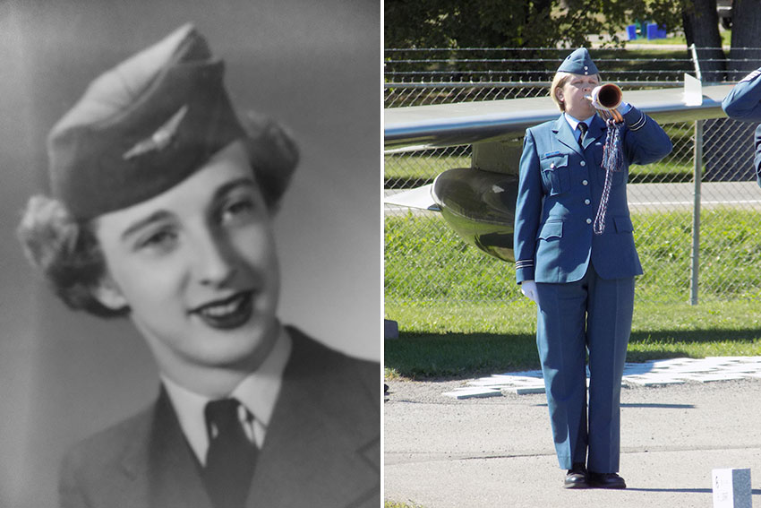 Left: Leading Aircraftwoman (LAW) Margaret Hawkins after completing basic training in 1953. She worked in accounts payable at RCAF Station Bagotville, Quebec. She had to leave the air force when she married my grandfather in 1954.  The rules were different in those days. Right: A present-day female member of the RCAF played the bugle at the 2016 Ad Astra ceremony. Photo by James Morgan