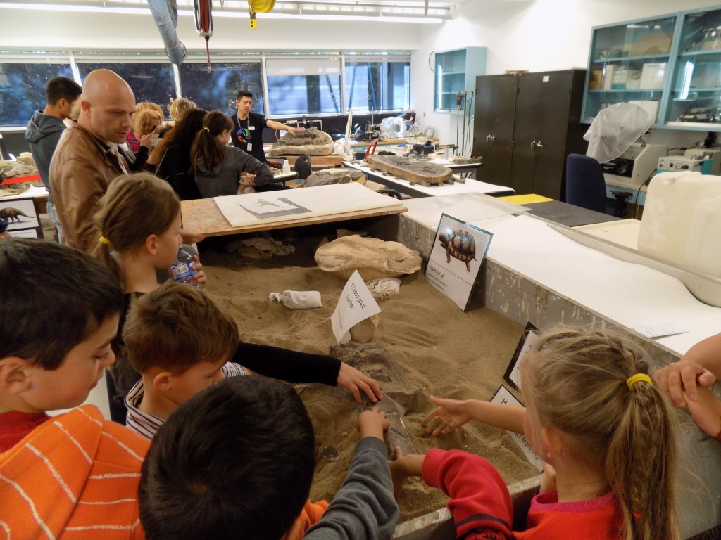 Young paleontologists really enjoyed touching ancient fossils in the room where artifacts are prepared for preservation.  Photo: James Morgan