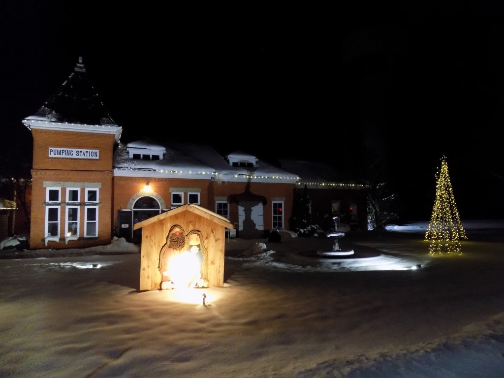 A floodlight beams like the Christmas star on a plywood nativity scene in front of Listowel's old public utilities building.  Photo: James Morgan