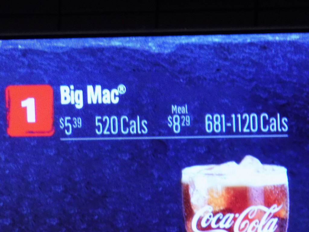 A McDonald's menu in Ottawa lists the calorie counts for a single Big Mac, and the range of calories for the meal which includes fries and a drink.  Photo: James Morgan