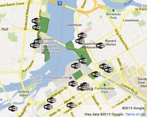 Screen shot of a Google map of NCC free hotspots in metro Ottawa.