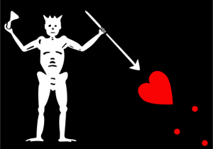 Illustration of Blackbeard's Jolly Roger flag. It depicted a skeleton piercing a heart, whilst toasting the devil. Traced from a scanned image of Konstam's book. Source: Wikipedia, Creative Commons