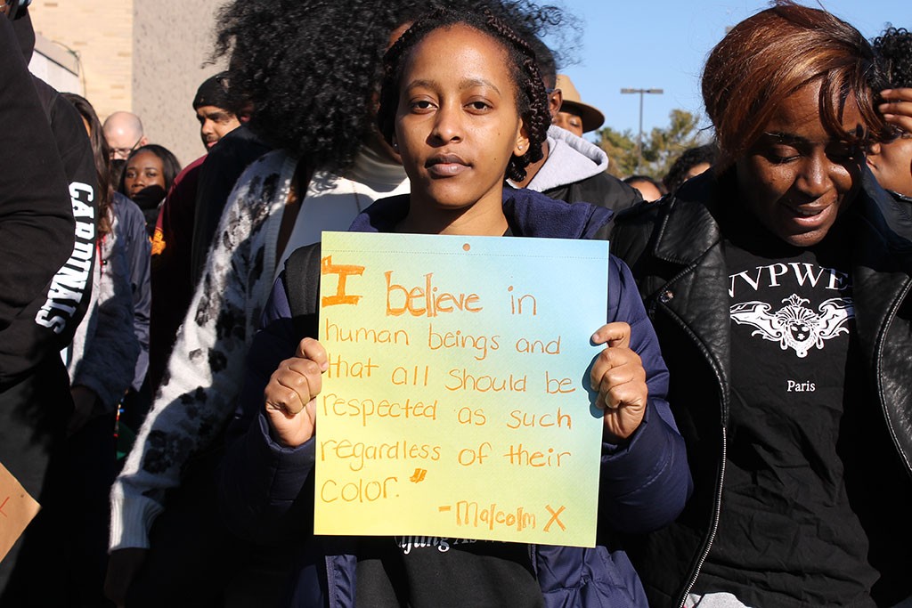 Doreen Yusufu and hundreds of other students marched across campus on Monday to raise awareness about racial prejudice at the SUNY Plattsburgh. Students called the protest “Let’s Get Uncomfortable.” Photo: Zach Hirsch