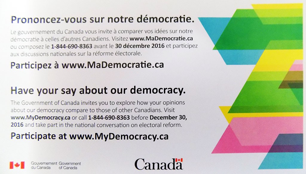 Postcards urging citizens to complete the electoral reform survey recently showed up in Canadian mailboxes. Photo: James Morgan