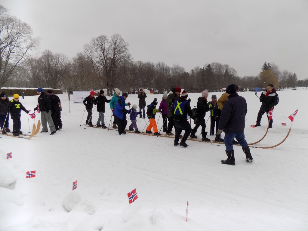 The Giant Skis presented by the Norwegian Embassy were one of the most popular events at the Winter Celebration.  Complete strangers of all ages tried to coordinate their moves.  Photo: James Morgan