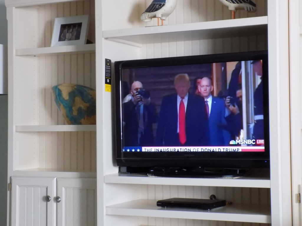 Surreal television: Donald Trump arrives at his inauguration ceremony.  Photo: James Morgan