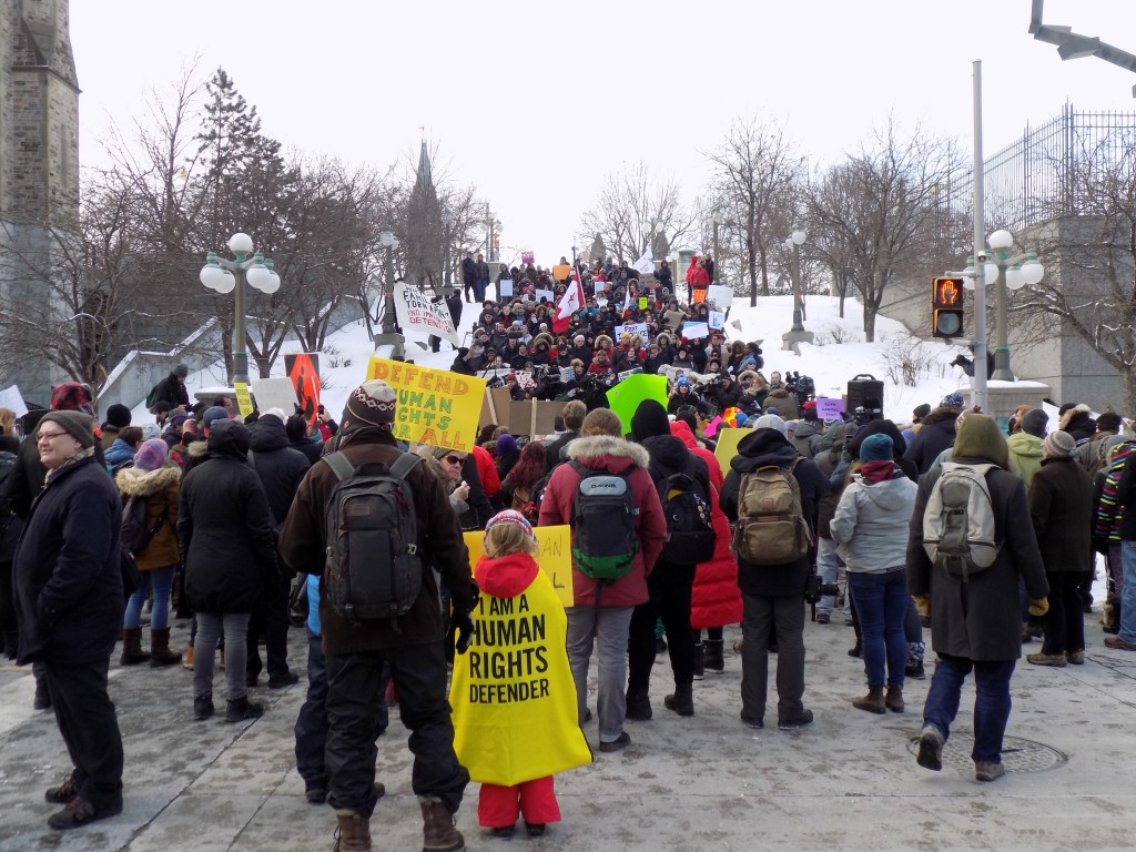 Demonstrators crowded the York Steps next to the US Embassy in Ottawa to protest President Trump's orders on immigration and refugees.  Photo: James Morgan 