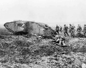 2nd Canadian Division soldiers advance behind a tank at Vimy, April 1917. Photo: Library and Archives Canada