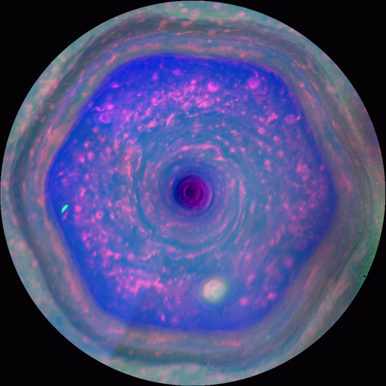 False color image of Saturn's polar hexagon storm taken by Cassini. Photo: NASA