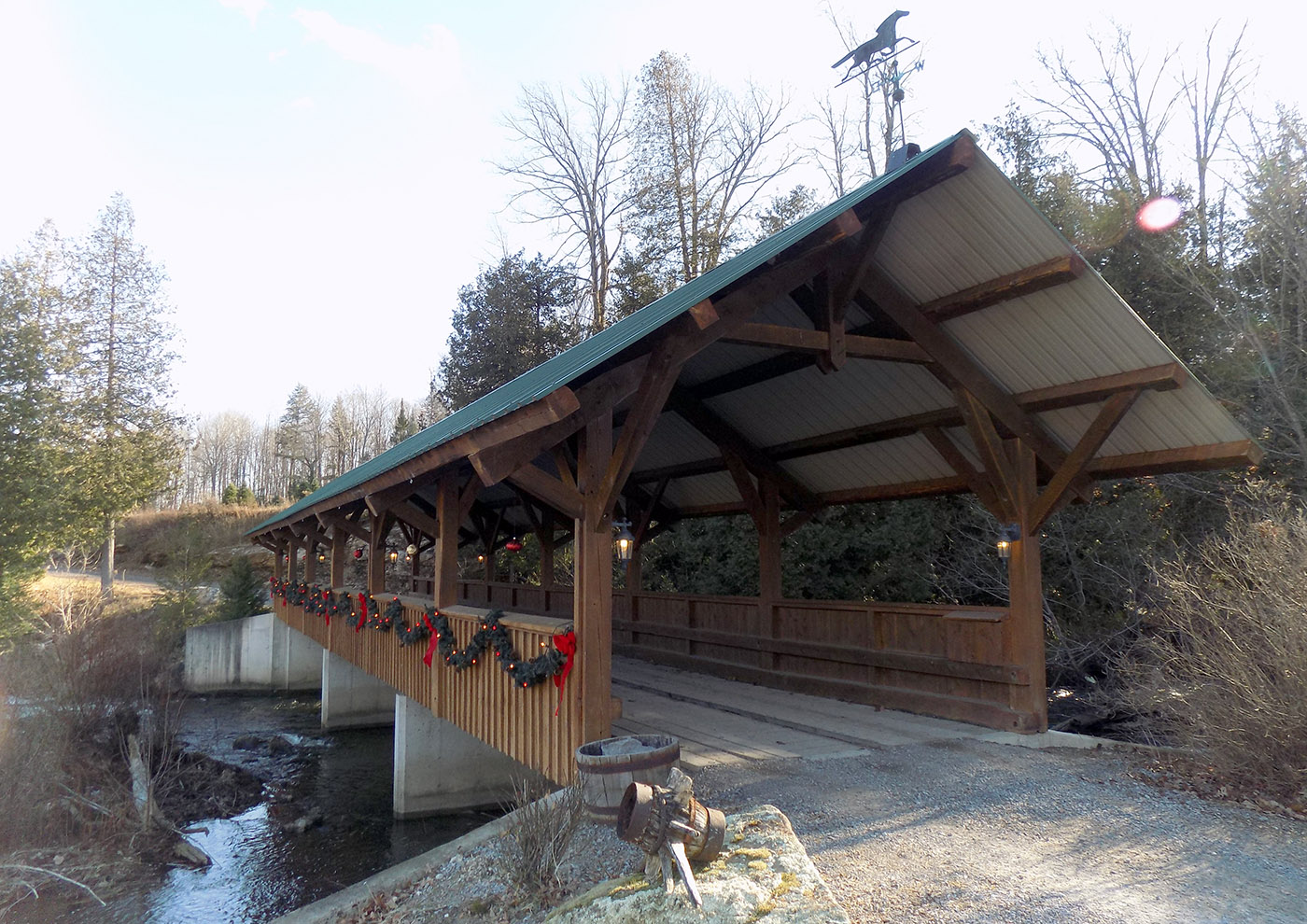 Decorated for the season, the covered bridge over Indian Creek at Cedar Hill Christmas Tree Farm. Photo: James Morgan