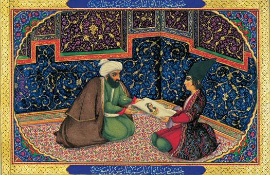 Scheherazade and the Sultan - a new tale every day or off with your head. Illustration from "One Thousand and One Nights,"  Sani ol-Molk 