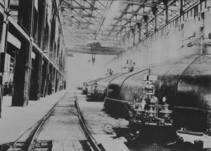 An early photo of the interior of the Cedars Rapids power station near Montreal.  The station was an early supplier of power to aluminum smelters in Massena.  Library and Archives Canada, Department of Interior .  PA-044123