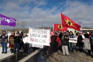 Mohawks on Cornwall Island waited to march in support of the Idle No More movement. Photo: David Sommerstein.