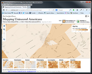 Screen image of interactive map of uninsured AMericans by the New York Times