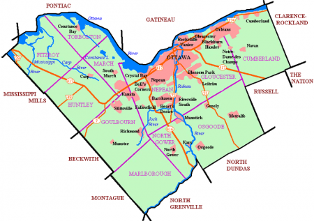 Map of post-2001 Ottawa showing urban area, highways, waterways, and historic townships. Map:Earl Andrew, public domain