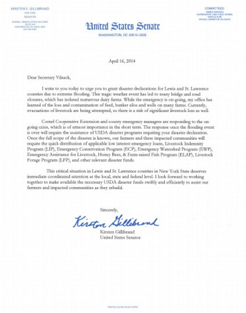 Sen. Gillibrand's letter to U.S. Agriculture Secretary Tom Vilsack. Image via Gillibrand's website 