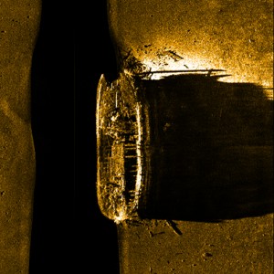 Side-sonar scan image of one of the Franklin Expedition ships on the seafloor of the Queen Maud Gulf. (Photo courtesy of Parks Canada)