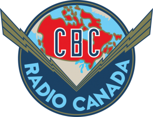 The Canadian Broadcasting Corporation logo from 1940 to 1958. It features a red map of Canada set above elongated lightning bolts spanning across the country, the design was intended to represent the unifying role the public broadcaster would play.